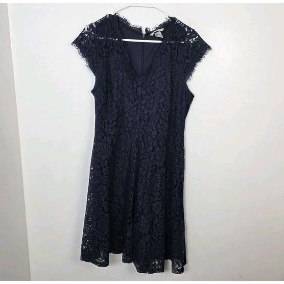 H&M Navy Blue Girly Feminine Lace Fit & Flare Mini Dress Size Medium - Picture 1 of 5